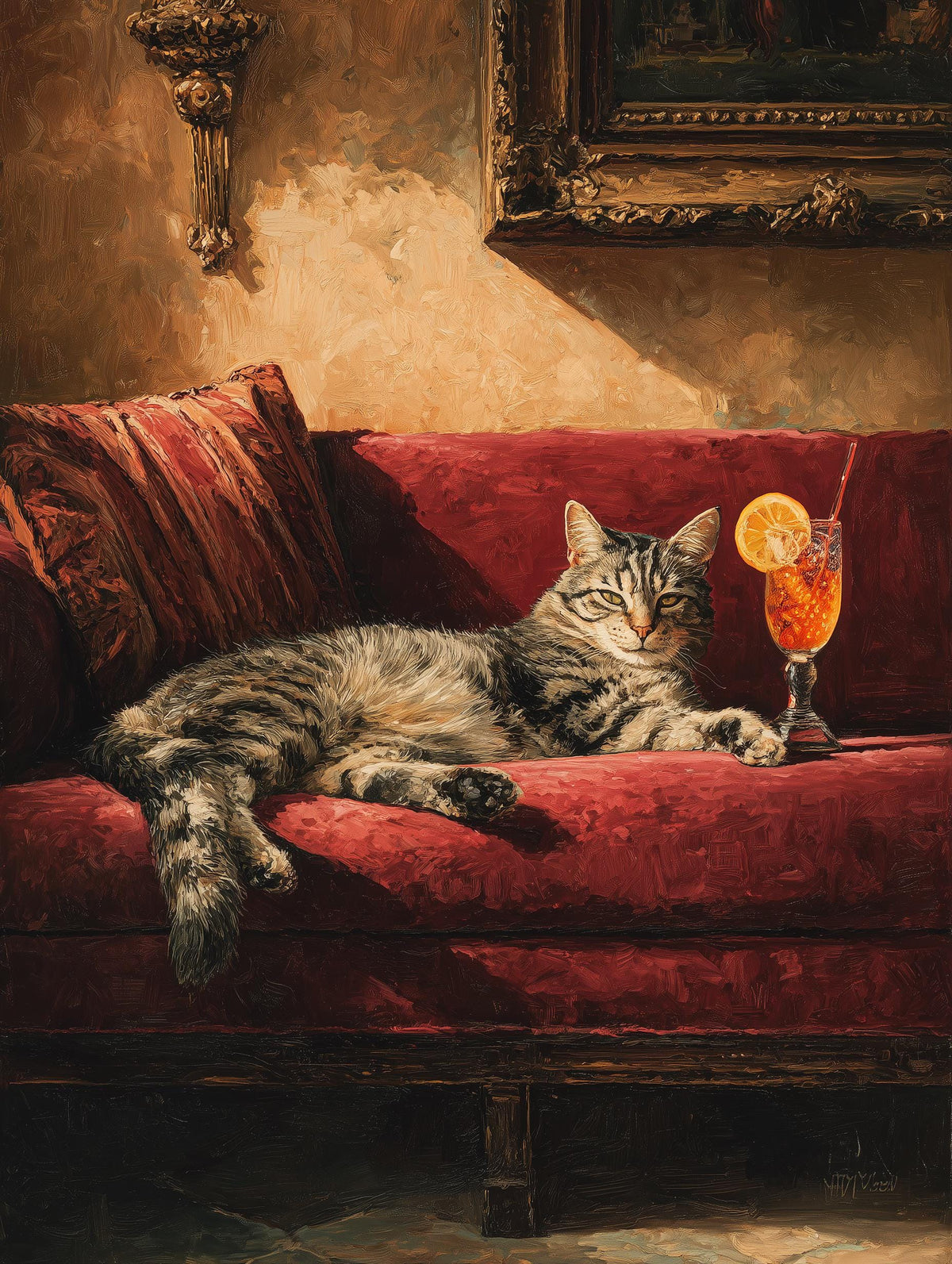 Painterly cocktail cat canvas print with an orange slice on the glass