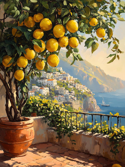Painterly lemon tree canvas print with white cliffside houses behind the fruit