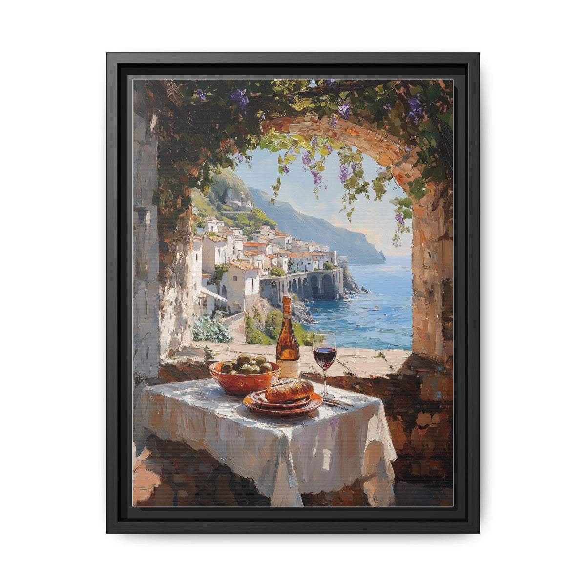Al Fresco Dining wall art framed canvas print in a black wood frame