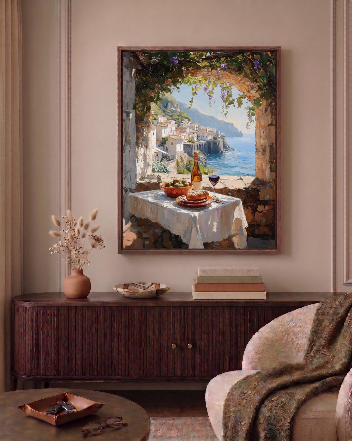 Amalfi terrace framed canvas art set in a solid wood frame, ready to hang