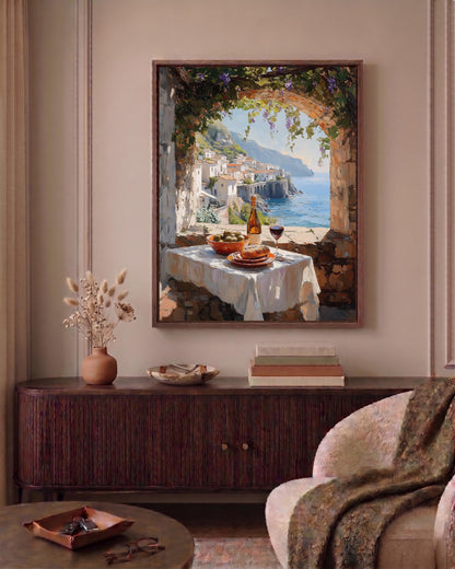 Amalfi terrace framed canvas art set in a solid wood frame, ready to hang