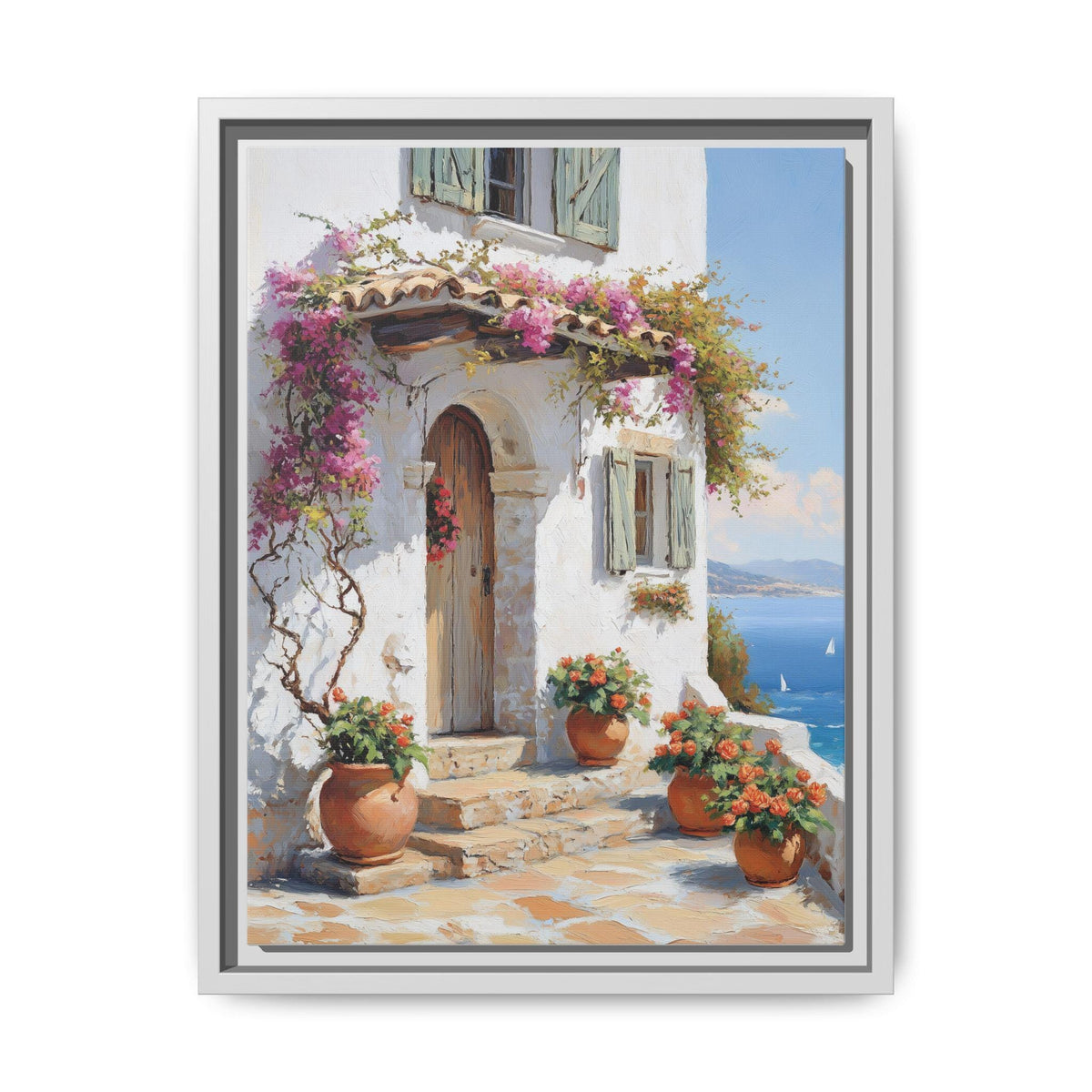 Bougainvillea wall art framed canvas print in a white wood frame