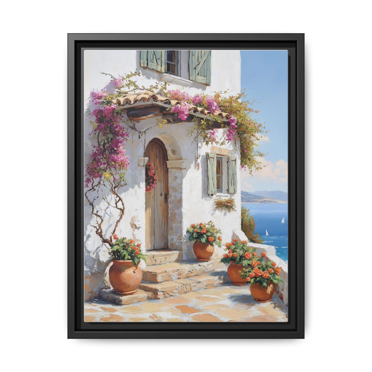 Bougainvillea wall art framed canvas print in a black wood frame