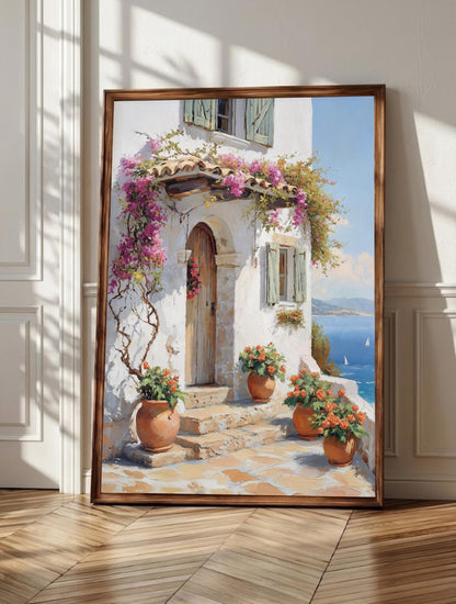 Bougainvillea wall art: deep pink blooms framing a stone archway above a cobalt sea