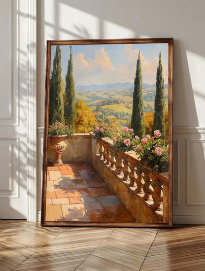 Tuscany wall art: cypress trees and pink roses above rolling hills, framed canvas print