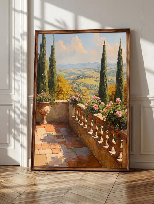Tuscany wall art: cypress trees and pink roses above rolling hills, framed canvas print