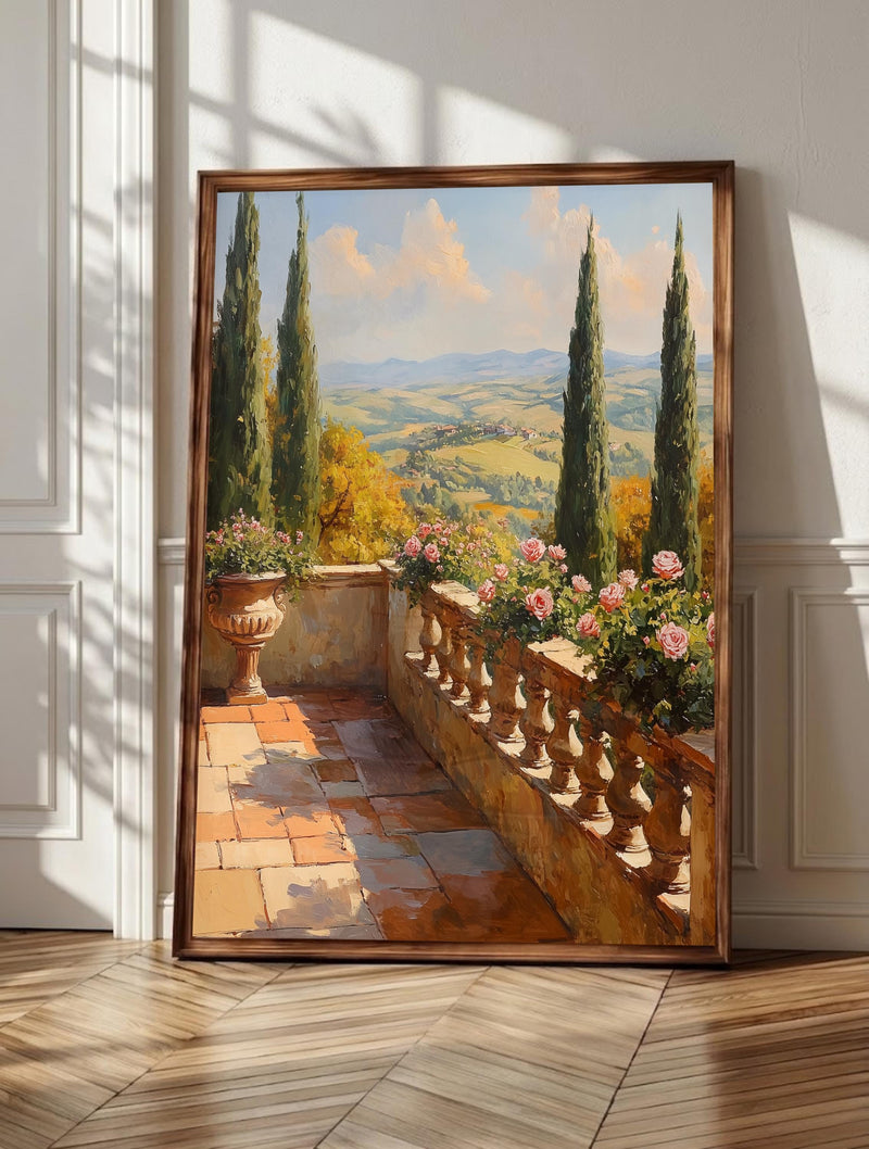 Tuscany wall art: cypress trees and pink roses above rolling hills, framed canvas print