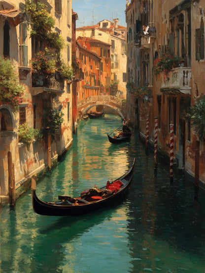 Painterly Venice canvas print with a stone arch bridge over the waterway