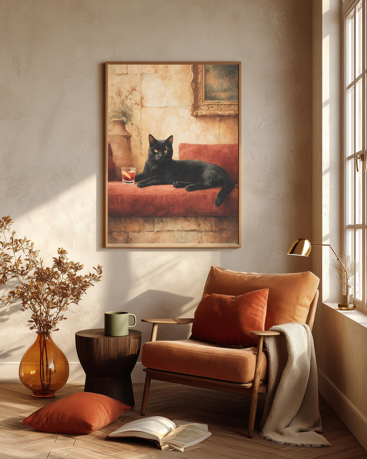 Oil-painting style cat and negroni painted onto cotton canvas, made to order