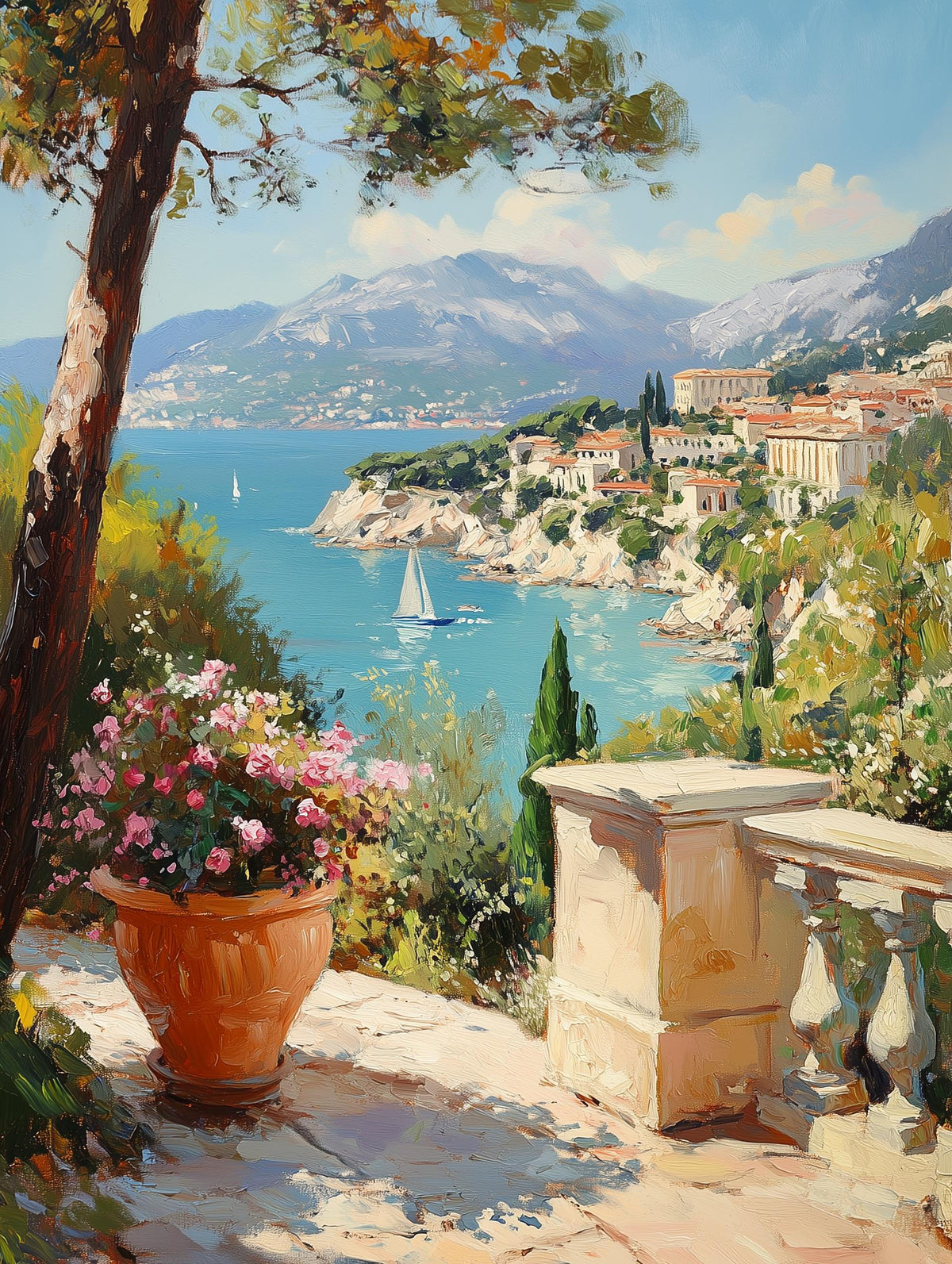 Painterly Cote d'Azur canvas print of a sunlit terrace over the sea