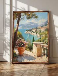 French Riviera wall art: potted geraniums and a leaning pine above the blue Mediterranean