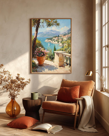 Oil-painting style Mediterranean terrace in cobalt and coral, made to order