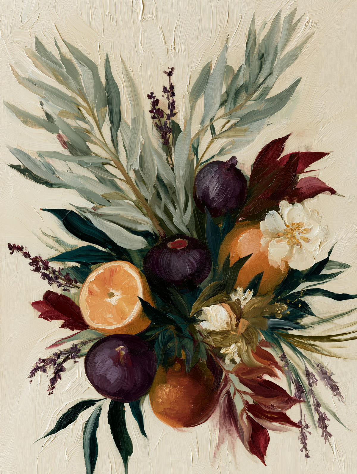 Painterly botanical canvas print with leaves and blooms in repeating scrolls