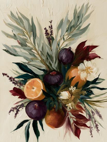 Painterly botanical canvas print with leaves and blooms in repeating scrolls
