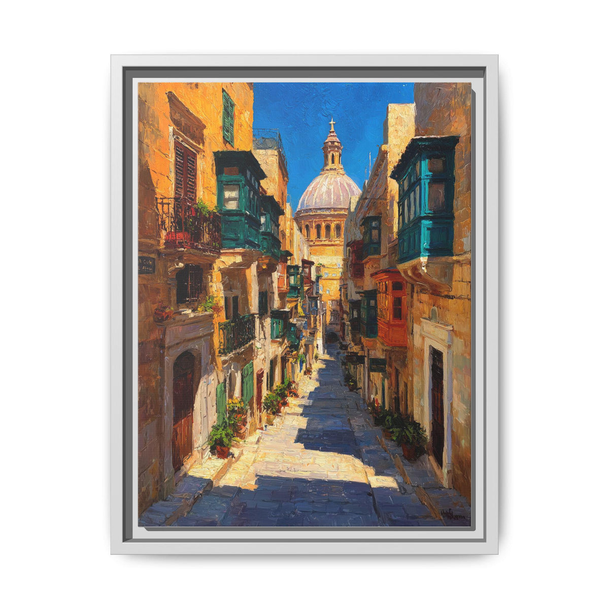 Valletta wall art framed canvas print in a white wood frame