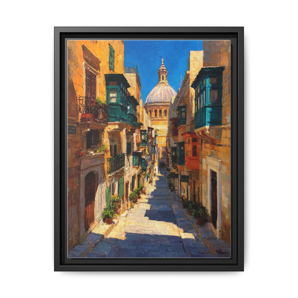 Valletta wall art framed canvas print in a black wood frame