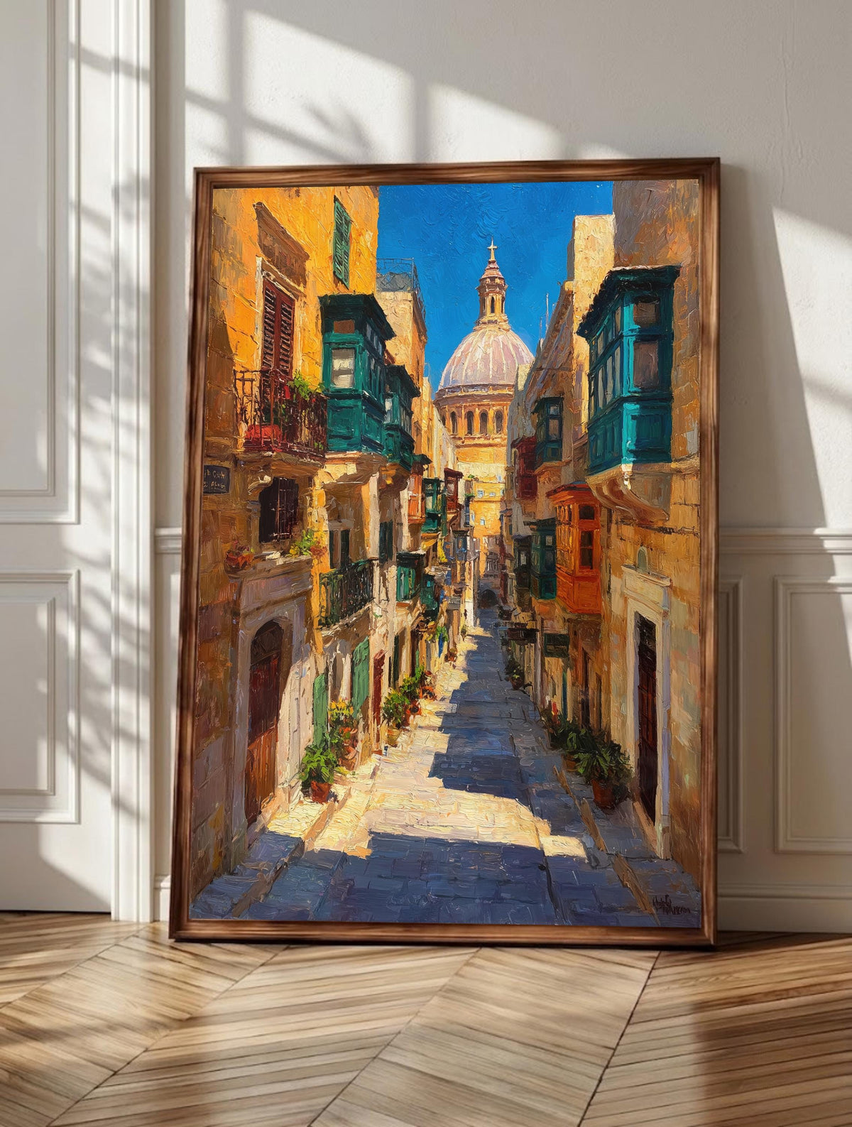 Valletta wall art: honey-gold Baroque streets and colorful gallarija balconies