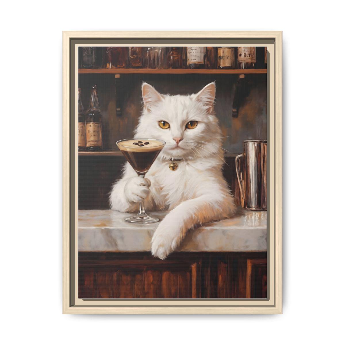 White Cat wall art framed canvas print in a natural wood frame