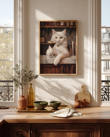 White cat framed canvas in a handmade solid wood frame, ready to hang