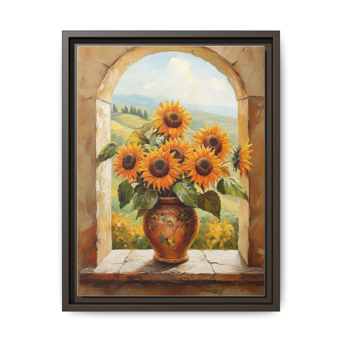 Sunflower wall art framed canvas print in an espresso wood frame