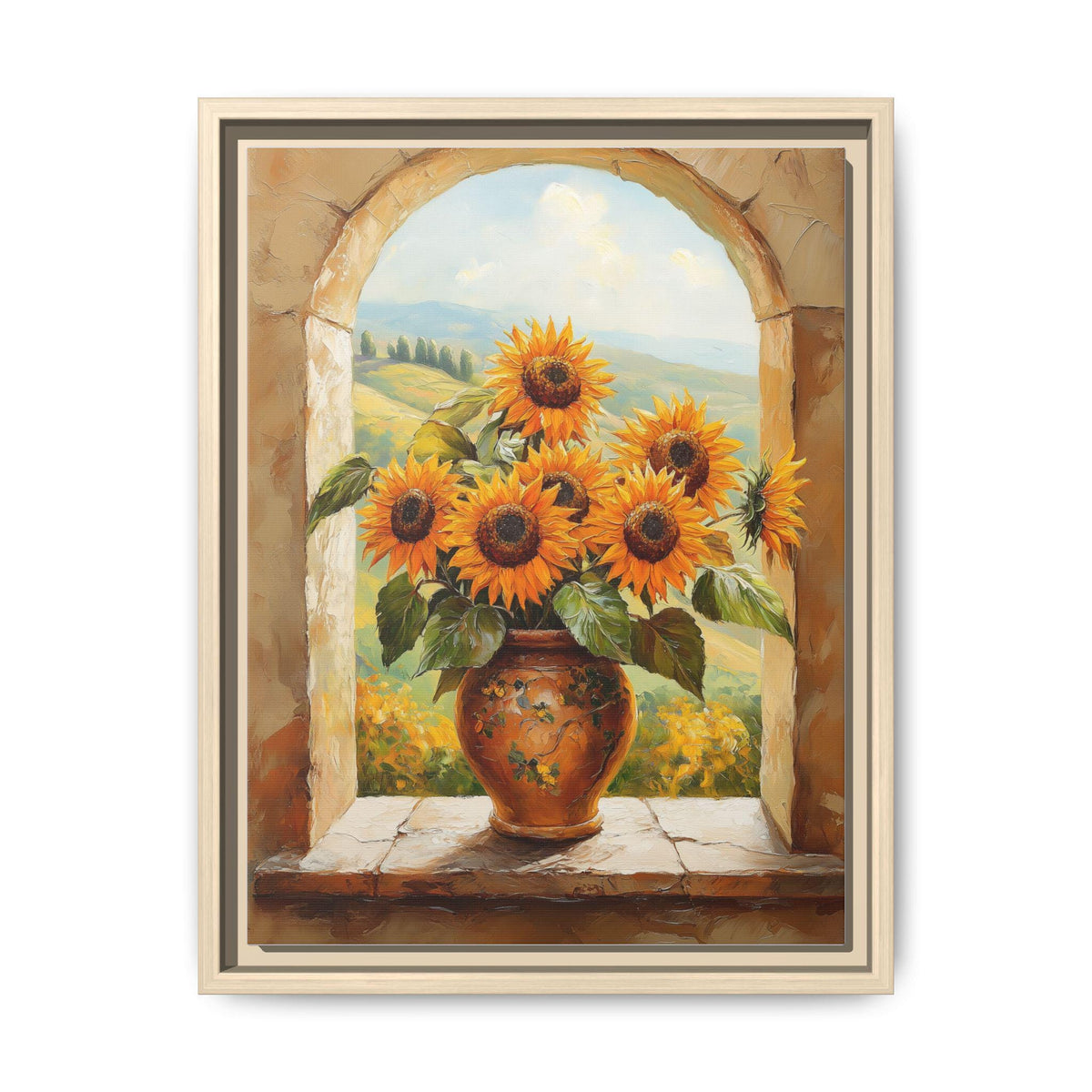 Sunflower wall art framed canvas print in a natural wood frame