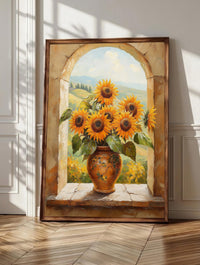 Sunflower wall art: golden sunflowers filling an antique terracotta vase
