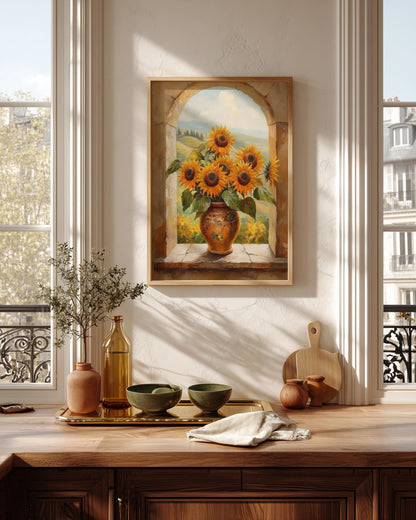 Sunflower framed canvas in a handmade solid wood frame, ready to hang