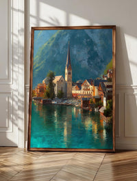 Hallstatt wall art: timber-framed houses stacked up the mountainside above the lake