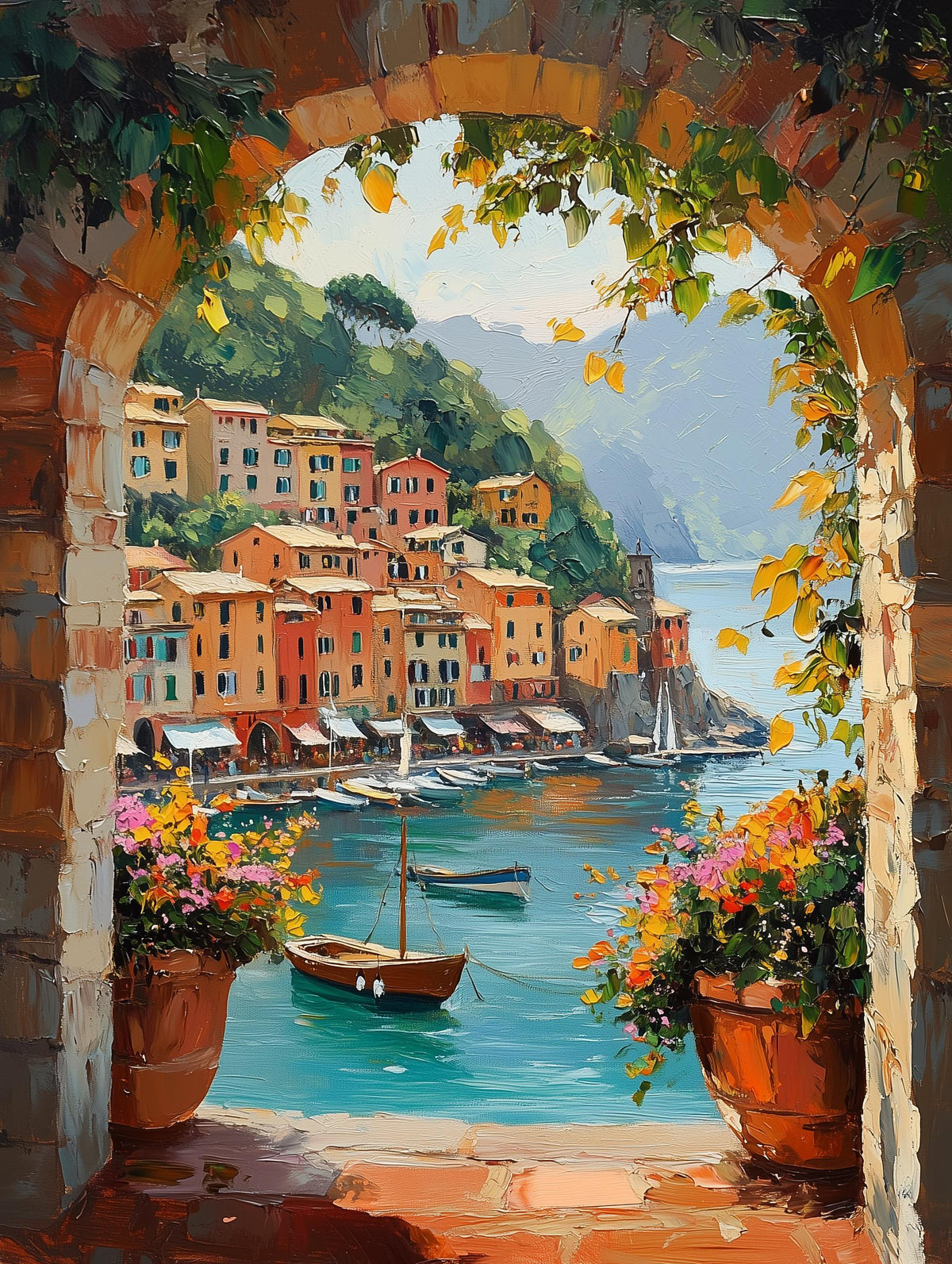 Painterly Portofino canvas print with flowering terracotta pots and a sailboat