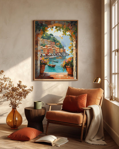 Oil-painting style harbour print in a solid wood frame, made to order