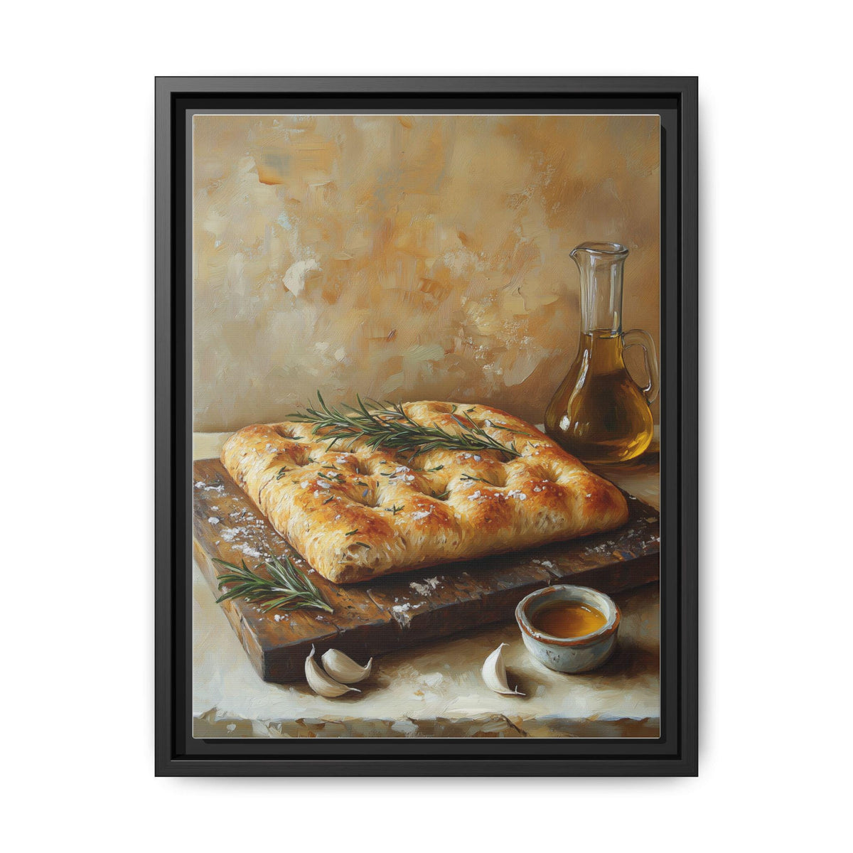 Focaccia wall art framed canvas print in a black wood frame
