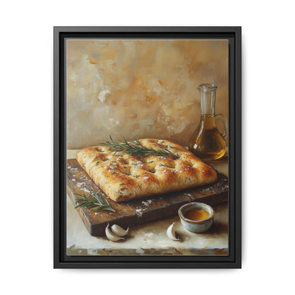 Focaccia wall art framed canvas print in a black wood frame