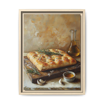Focaccia wall art framed canvas print in a natural wood frame