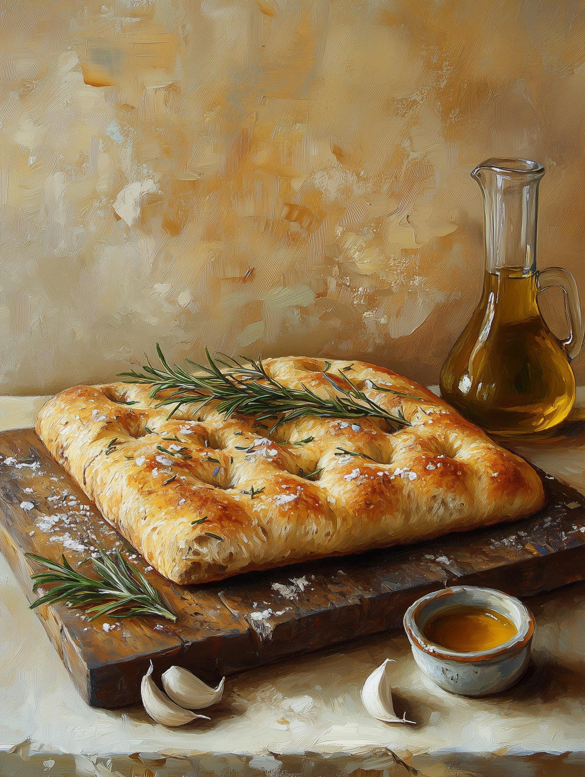 Painterly Italian kitchen canvas print with focaccia on a dark wooden board