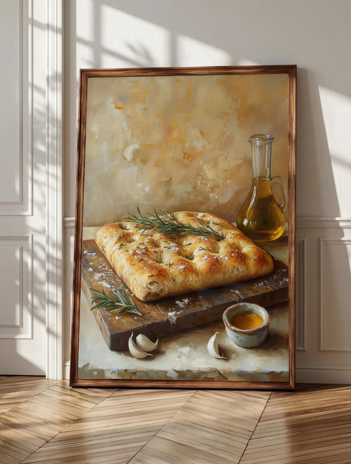 Focaccia wall art: golden bread dimpled with rosemary, sea salt and olive oil