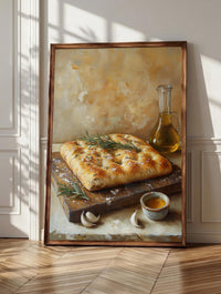 Focaccia wall art: golden bread dimpled with rosemary, sea salt and olive oil