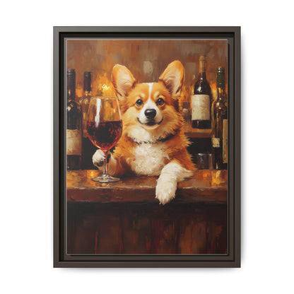 Corgi Wine art framed canvas print in an espresso wood frame