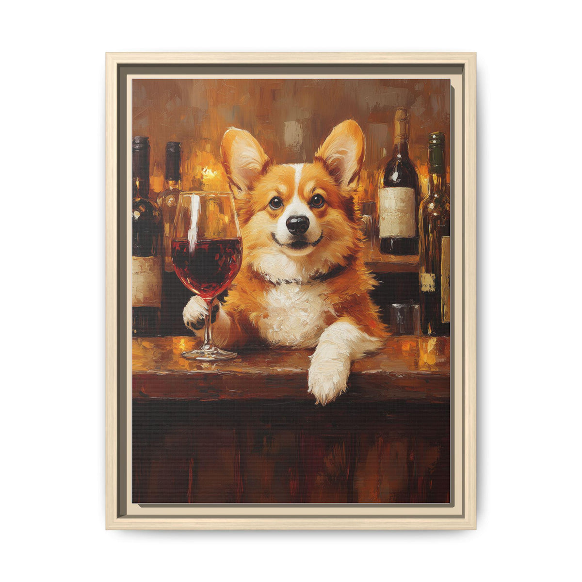 Corgi Wine art framed canvas print in a natural wood frame