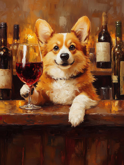 Painterly Pembroke Welsh Corgi canvas print worked in gold and burgundy oils