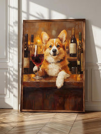 Corgi wine art: a corgi settled at a candlelit wine bar beside a glass of red