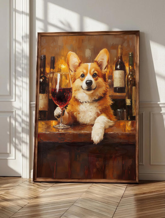 Corgi wine art: a corgi settled at a candlelit wine bar beside a glass of red