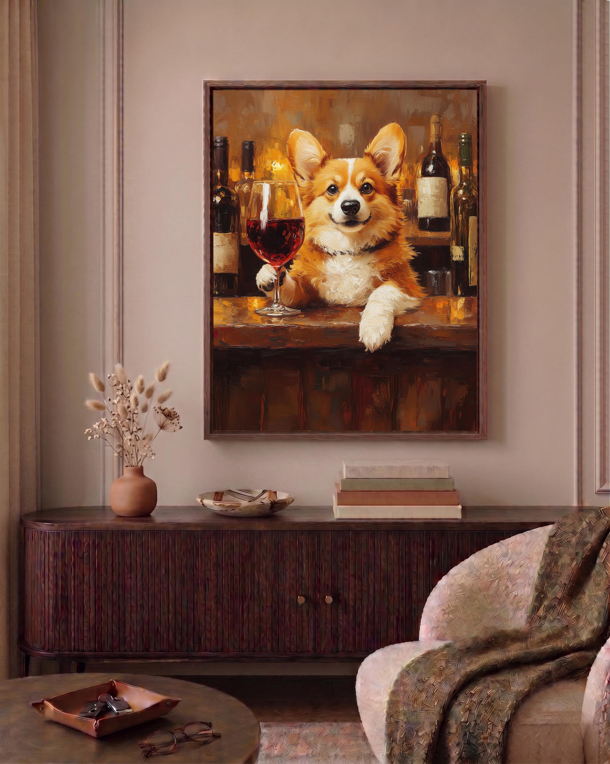 Corgi and wine framed canvas printed on cotton canvas, made to order