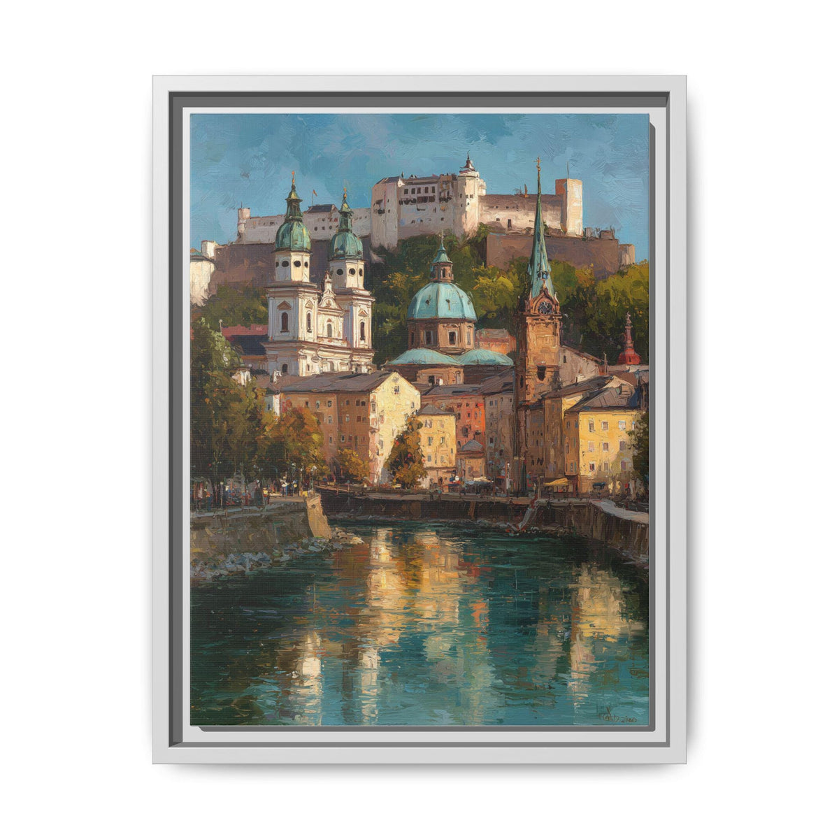 Salzburg wall art framed canvas print in a white wood frame