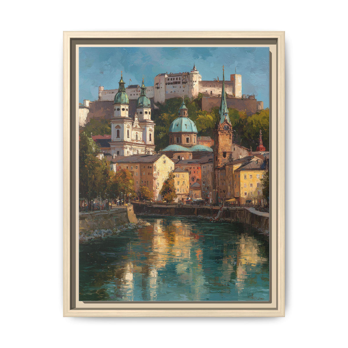 Salzburg wall art framed canvas print in a natural wood frame