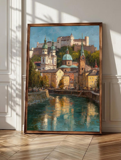 Salzburg wall art: Hohensalzburg Fortress above the Baroque Altstadt and teal domes