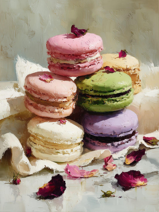 Painterly macaron still life with scattered dried rose petals in soft afternoon light