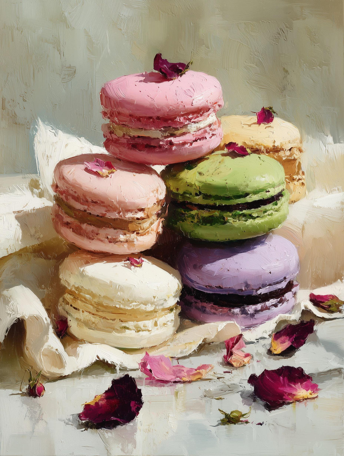 Oil-painted patisserie still life with dried petals scattered beside the shells