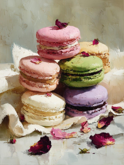 Oil-painted patisserie still life with dried petals scattered beside the shells