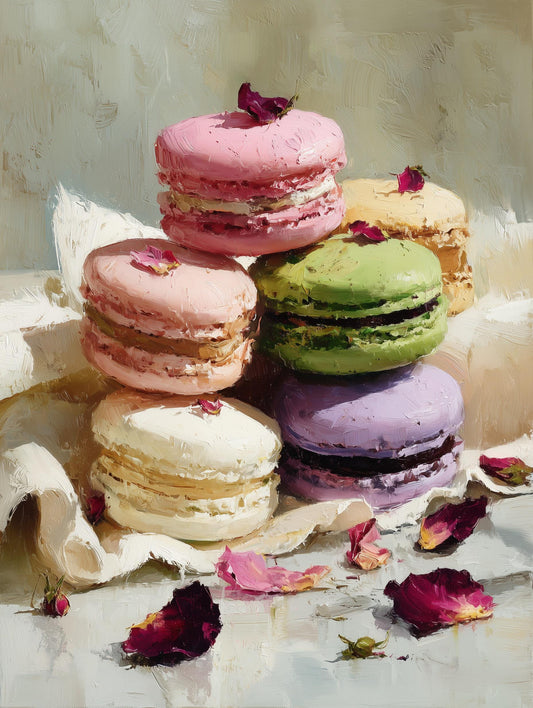 Oil-painted patisserie still life with dried petals scattered beside the shells