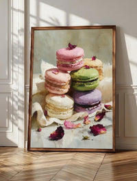 Macaron wall art: French macarons in rose, pistachio and lavender on cream linen